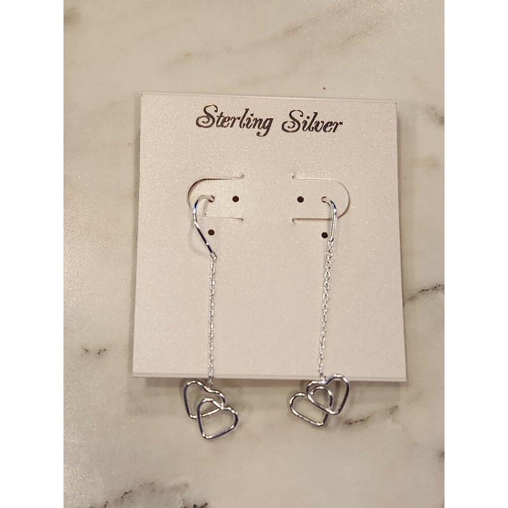 Sterling Silver Double Heart Threader Earrings With Chain Design